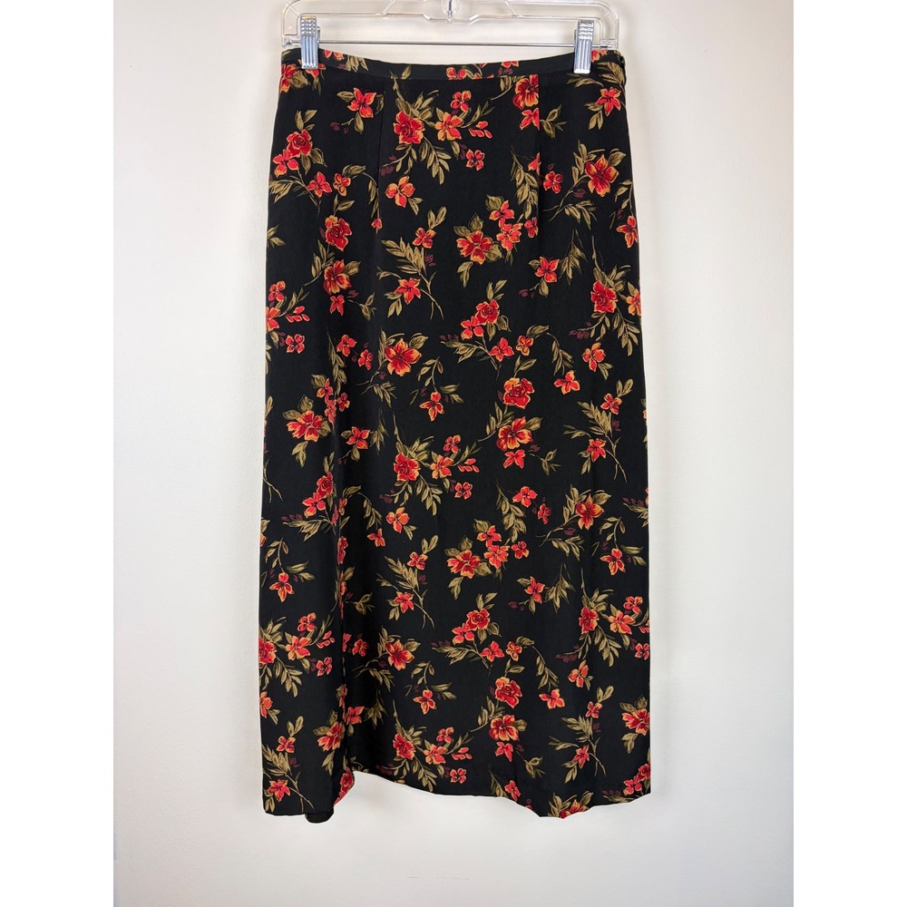 First Option Maxi Skirt Medium Black Red Floral Vintage 90s Cottagecore Grunge